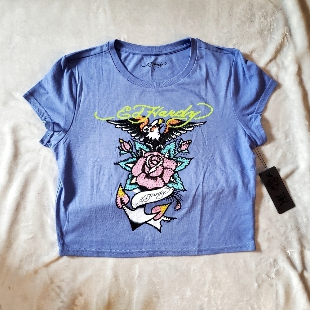 Ed Hardy Blue Rhinestone Crop Top Size Large NWT